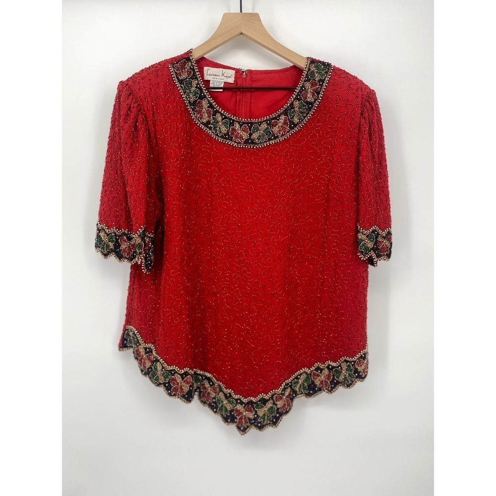 Laurence Kazar Beaded Blouse Womens 2X Red Excellent Scalloped Hem Evening Top